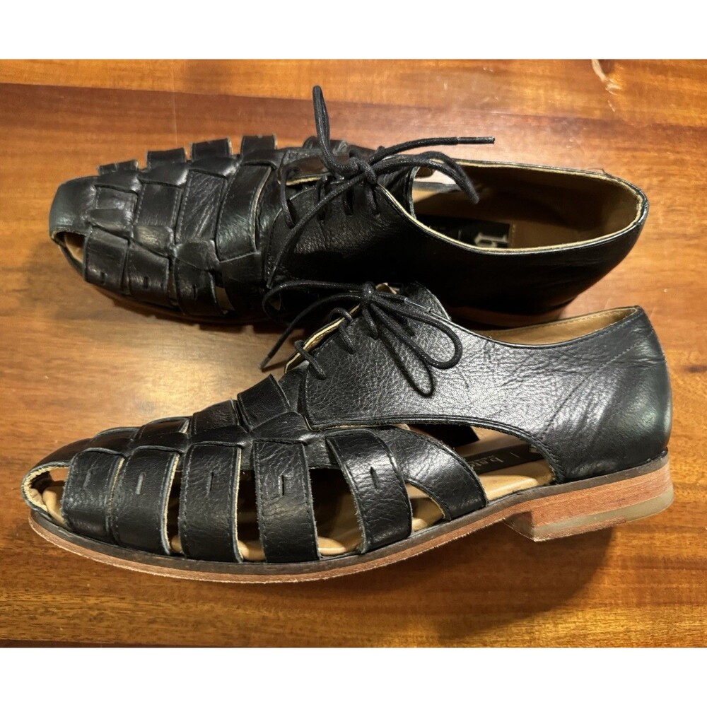 Vintage b Store London Black Leather Fisherman Huarache Oxford Shoes Mens US 11 - Picture 3 of 8